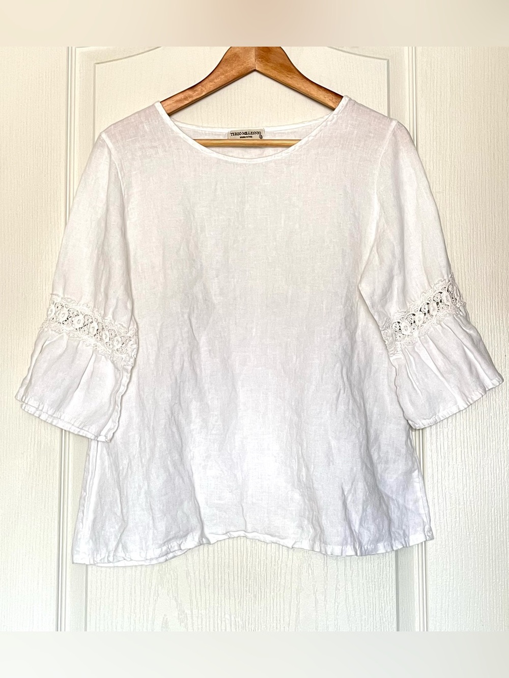 Terzo Millennio Italy White 100% Linen Lace Sleeve Boho Lagenlook Blouse Size M
